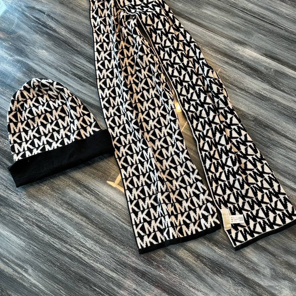 Michael Kors Black and White Logo Scarf and Hat Set